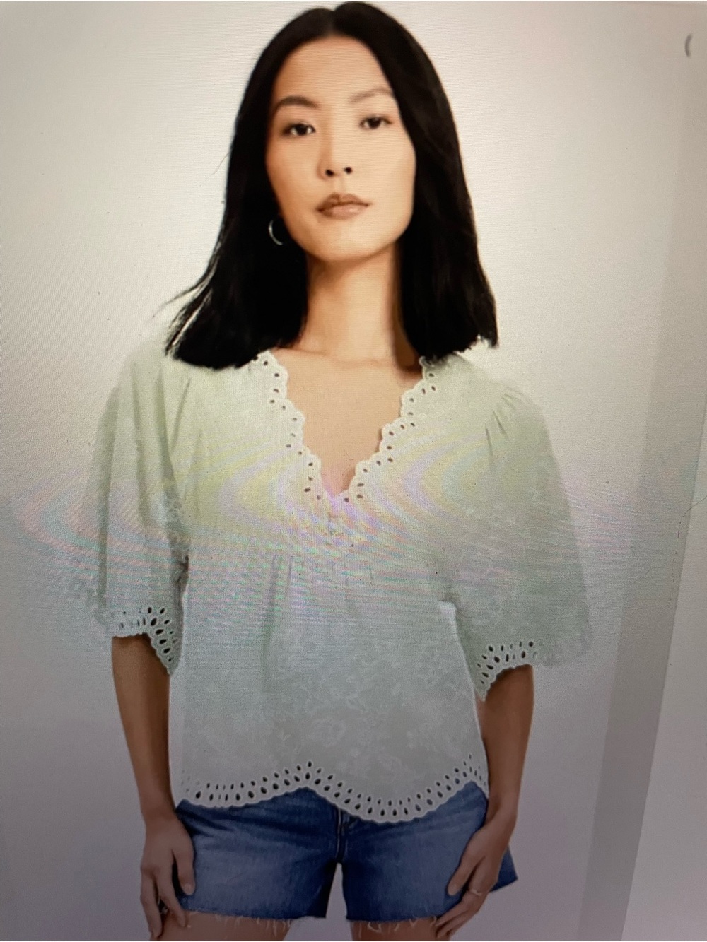 LOFT Mi t green embroidered Eyelet V-Neck Peasant Top in Light Mint